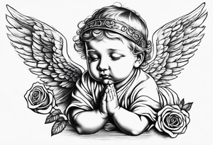 Praying baby Angel, with a Roman warrior looking up behind it, sun beams and rose at the bottom tattoo idea