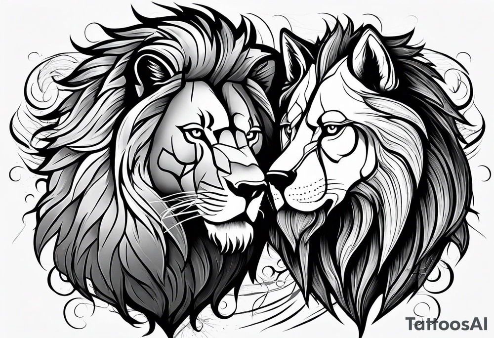 A lion and a wolf standing together, symbolizing loyalty and family tattoo idea