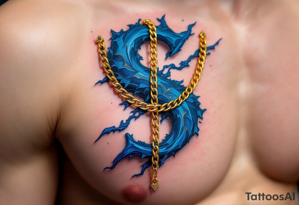 A royal blue "S" wrapped in a delicate gold chain, giving a luxurious feel. tattoo idea