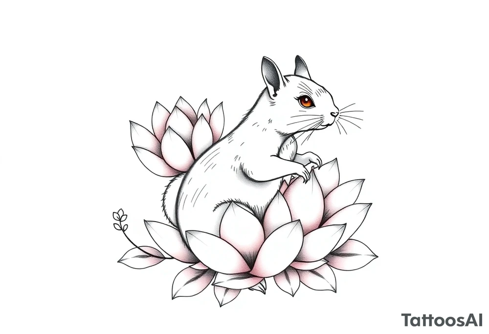 Fierce rabbid squirrel blooming lotus flowers tattoo idea