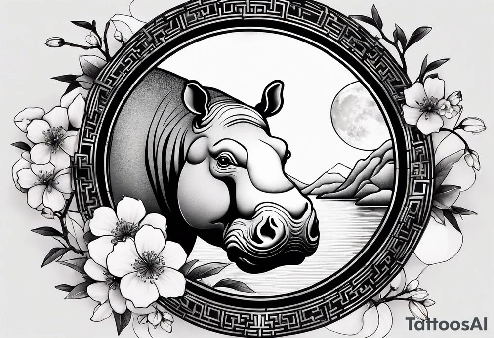 Asymmetrical, geometric, chinese ink art touch, hippo , full moon, wintersweet flower, light , modify from my favourite, ratio 9:16 tattoo idea