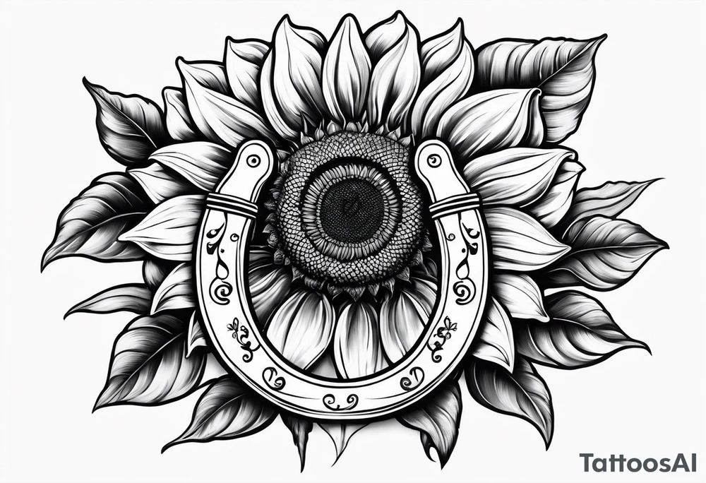Realistic Horseshoe around a sunflower tattoo idea