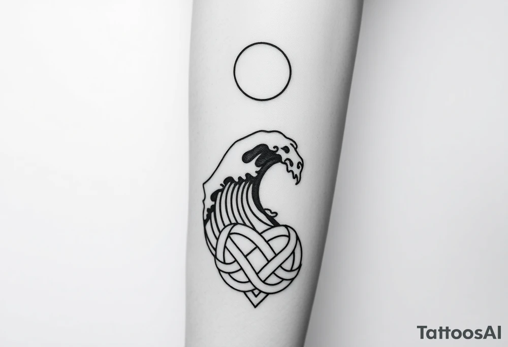 Tattoo sketch, vertical composition for forearm. Upper part: sky with moon. Middle part: stylized sea wave. Lower part: Norse knotwork ornament. Smooth transitions between sections, forming one continuous flow. Black and white line art, minimalist yet detailed, clear outlines, high contrast, stencil-ready design. tattoo idea