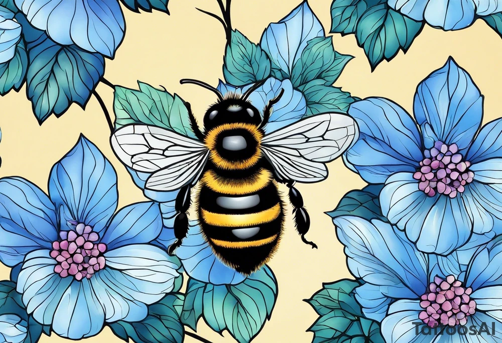Small tattoo. There’s a hydrangea and a bee but they are not touching. Make the bee smaller than the hydrangea and have the bee off to the side. Bee is smaller than the hydrangea tattoo idea