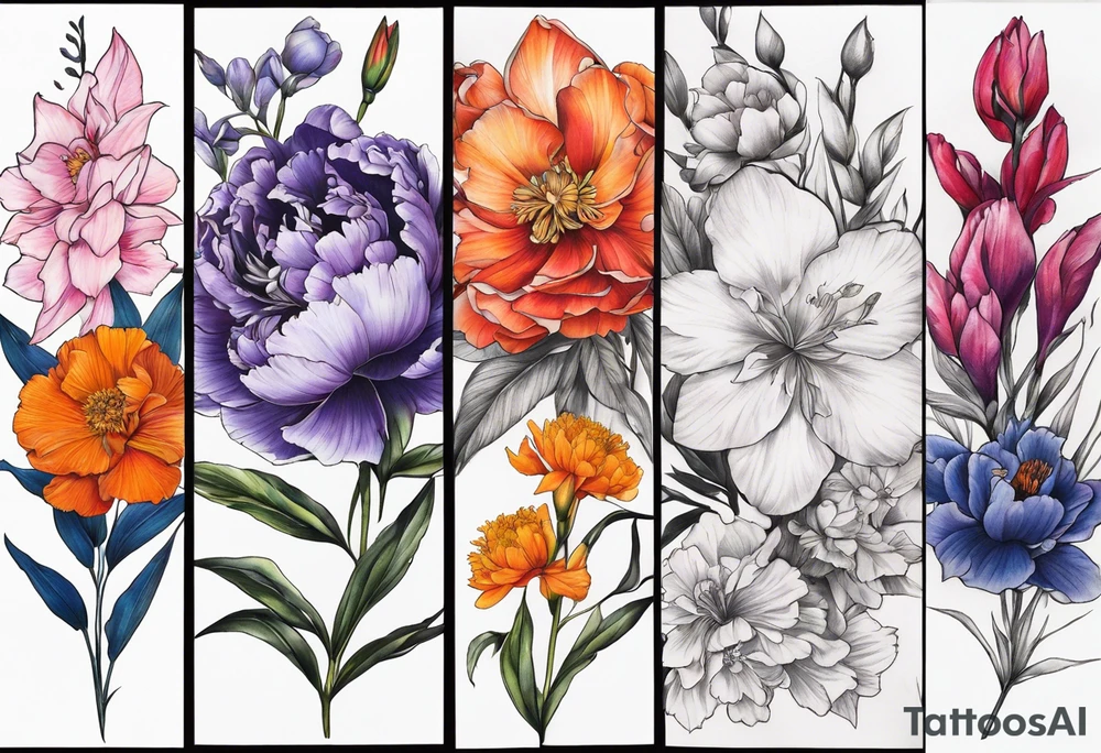 full sleeve of floral tattoos. pink peony in center. purple gladiolus flower, red hawthorn, orange marigold, navy blue sweet pea, and white paper white narcissus tattoo idea