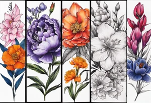full sleeve of floral tattoos. pink peony in center. purple gladiolus flower, red hawthorn, orange marigold, navy blue sweet pea, and white paper white narcissus tattoo idea