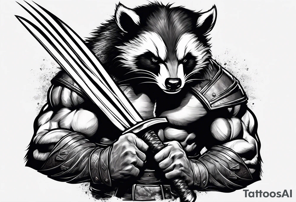 draw me badger/wolverine with aggressive full body show, killer face with cute smile, long nails and he attacks like a gladiator to enemy tattoo idea