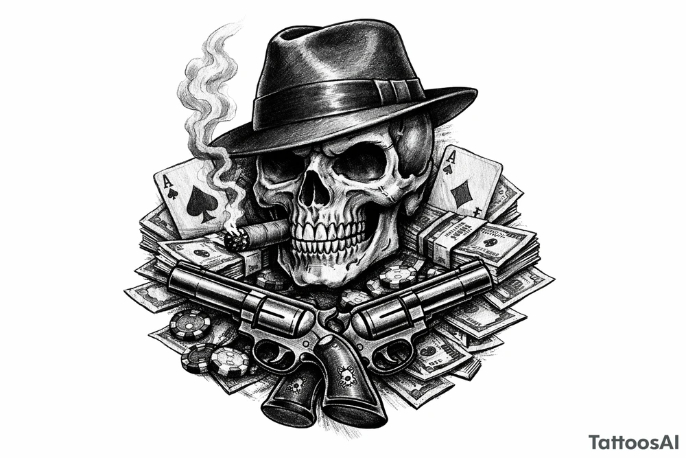 A black and grey skull with a fedora, cigar, and crossed revolvers, with scattered money and cards. tattoo idea