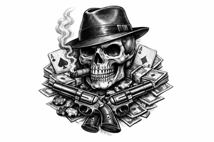 A black and grey skull with a fedora, cigar, and crossed revolvers, with scattered money and cards. tattoo idea