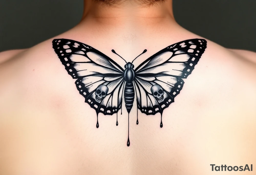 powerful majestic and dark monarch butterfly with skull detail in the wings
hidden skulls in wings, with a dripping effect tattoo idea