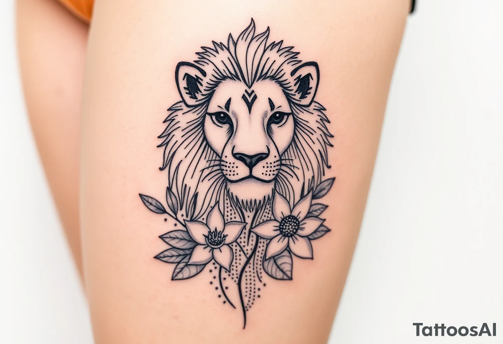 Lion with larkspur and water lilies tattoo idea