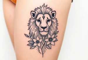 Lion with larkspur and water lilies tattoo idea
