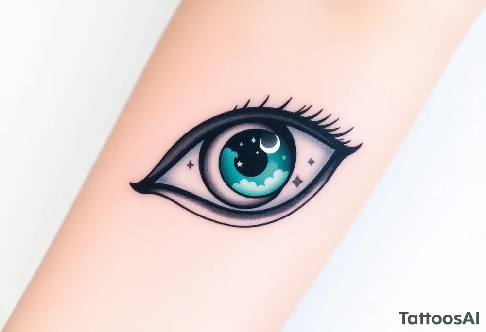 Large outline of an almond shaped eye with an ace of spades for the eyeball colored greenish blue with a crescent moon stars and clouds inside vivid colors blue green purple tattoo idea