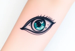 Large outline of an almond shaped eye with an ace of spades for the eyeball colored greenish blue with a crescent moon stars and clouds inside vivid colors blue green purple tattoo idea