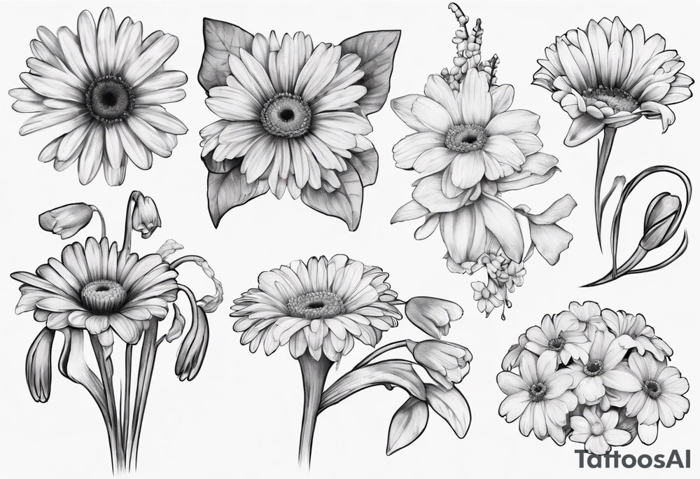 a fine line, dainty bouquet of a gerbera daisy, an iris, blue bells, and forget me nots, tied together with a small bow. not super shaded and detailed tattoo idea