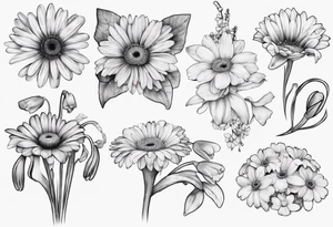 a fine line, dainty bouquet of a gerbera daisy, an iris, blue bells, and forget me nots, tied together with a small bow. not super shaded and detailed tattoo idea