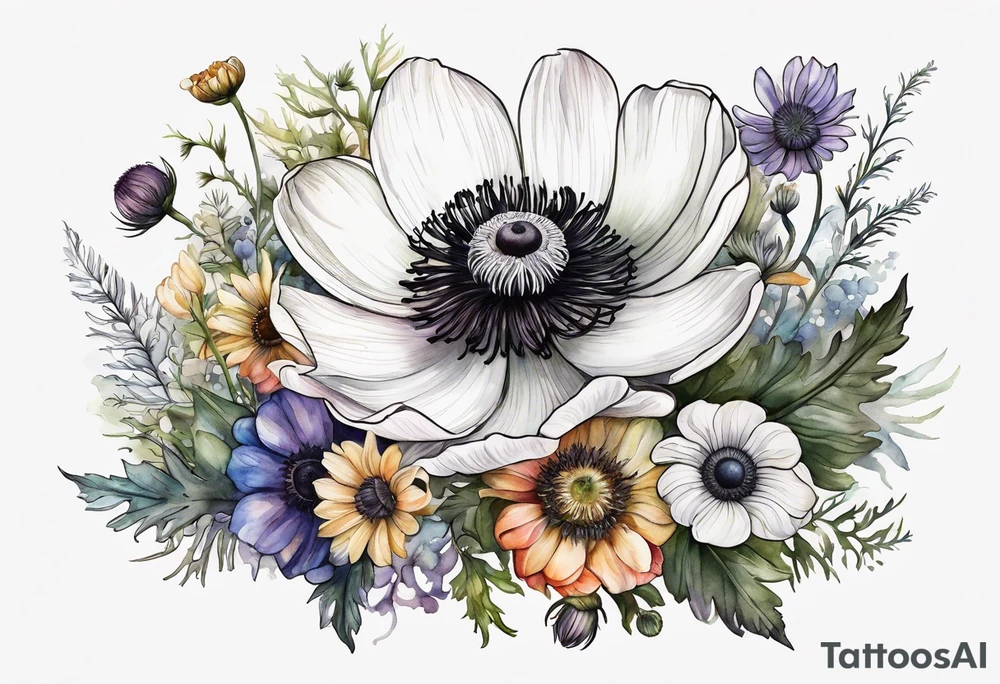 white anemone with black center in the middle of wildflowers with thistles, ferns, ranuculus, sun flowers, mixed color flowers and different shapes all in watercolor tattoo idea