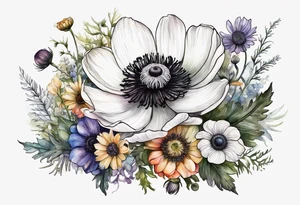 white anemone with black center in the middle of wildflowers with thistles, ferns, ranuculus, sun flowers, mixed color flowers and different shapes all in watercolor tattoo idea