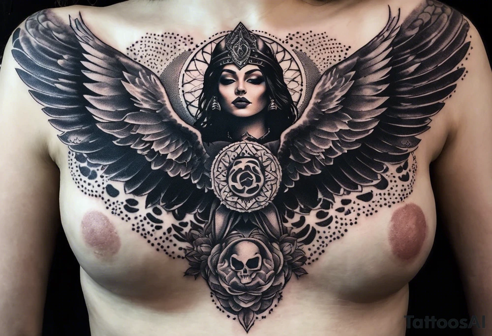 black kali, goddess pirate, alien, angel, pachamama, valkrye, warrior, flying, skull, lotus azul, wing, eagle, zenza resonance, stars, 5D, anahata chakra, death, durga, riding on a tiger, flying lady, chest tatoo tattoo idea