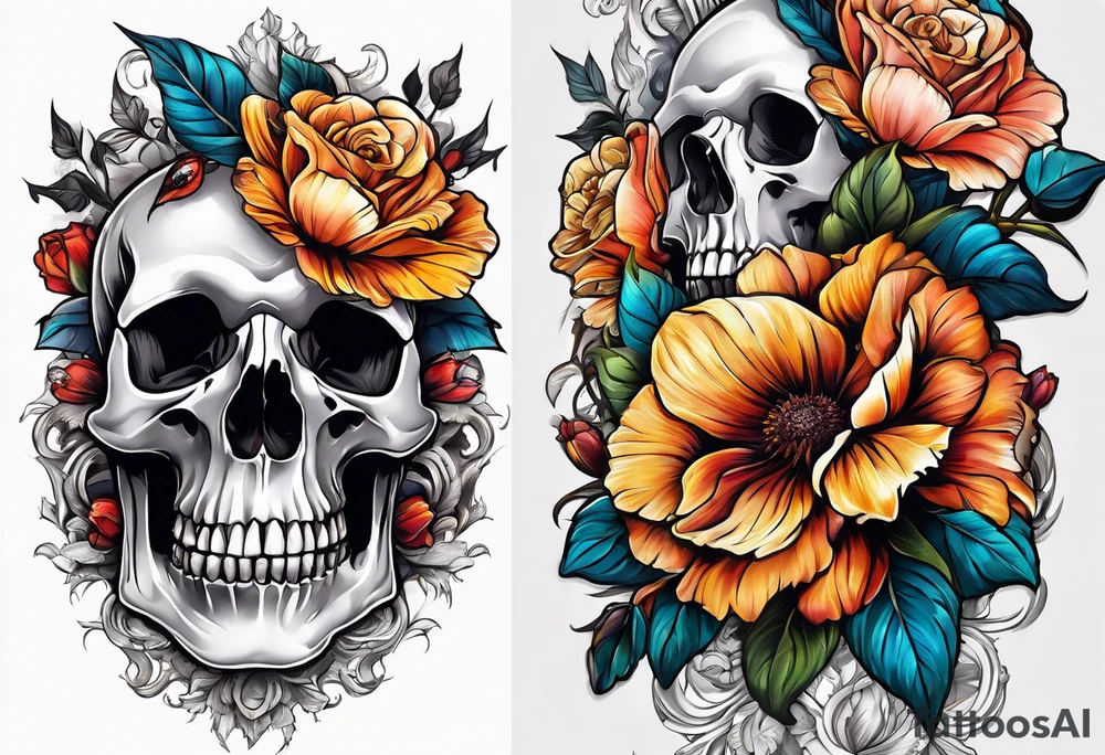 bone that fills entire arm from shoulder to fingers, pain, skulls, dead flowers tattoo idea