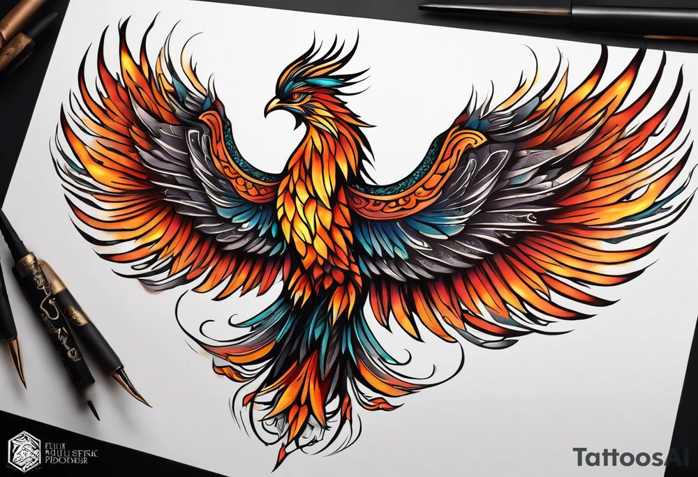 A majestic fire phoenix, rising powerfully with its wings spread wide and feathers flowing, representing rebirth and resilience. The phoenix is detailed with intricate feathers, creating a sense of movement and vitality. The design is bold, with deep shading and texture that adds dimension and intensity to its form. tattoo idea