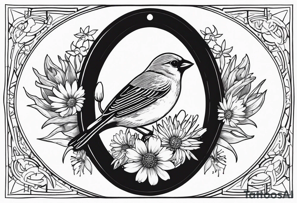 Oval shape with sea rocket and aster flowers with a small cardinal room in the center for a signature less ornate tattoo idea