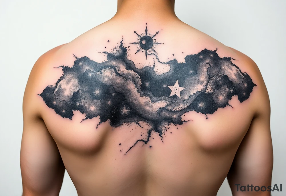 Beautiful and epic 3d milky way that appears to be what is beneath the skin. Make it drape over the shoulder and move to the middle back. use negative spaces to create stars and dust. Incorporate God breathing life into the universe. Keep it symmetrical tattoo idea