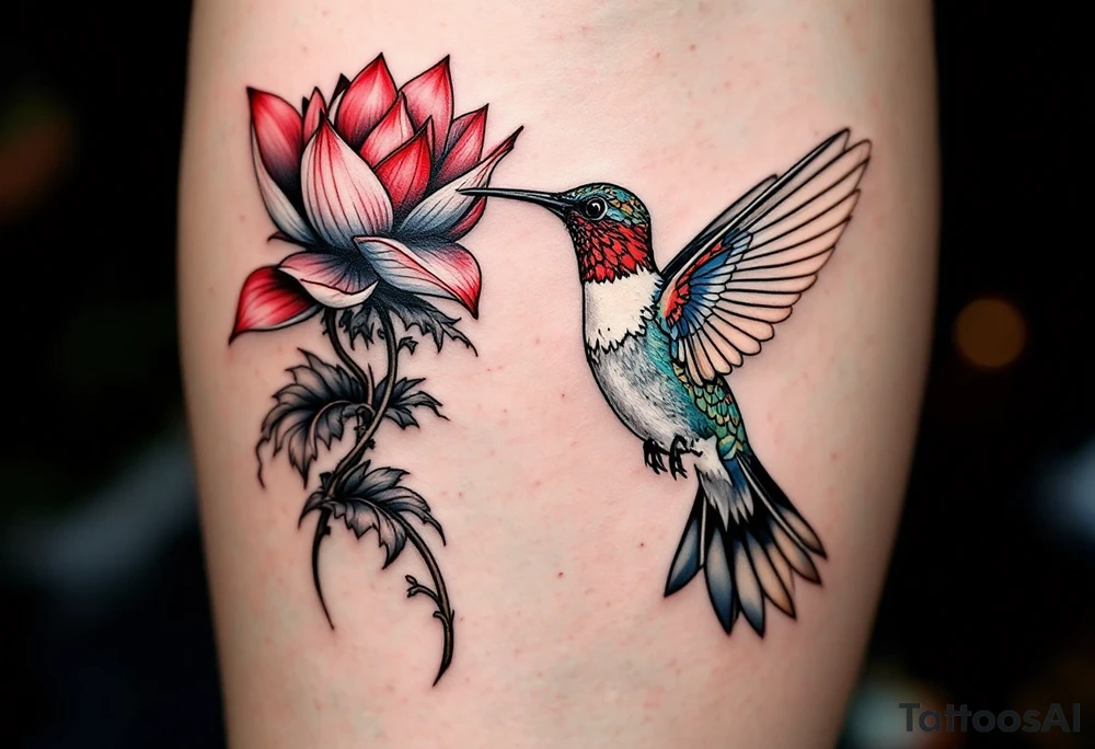 a hummingbird drinking from an egyptian lotus (red and black) tattoo idea