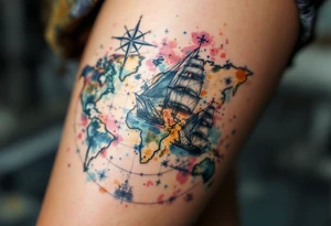 antique compass rose overlaid on weathered world map with sailing ships tattoo idea