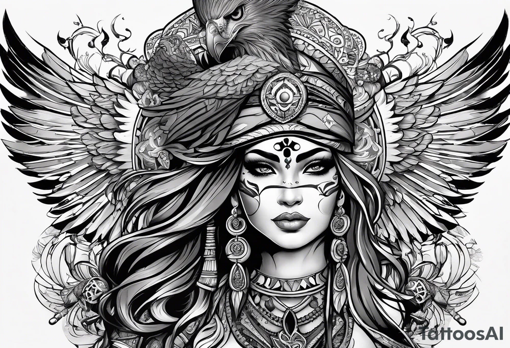 kali, goddess pirate, pachamama, valkrye, warrior, skull, lotus azul, wing, eagle, zenza resonance, stars tattoo idea