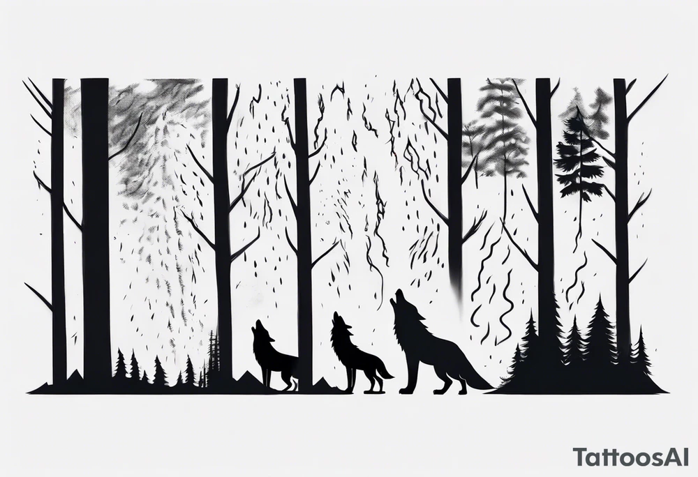 a thunderstorm over a forest and a wolf howling tattoo idea a thunderstorm over a forest and a wolf howling tattoo idea