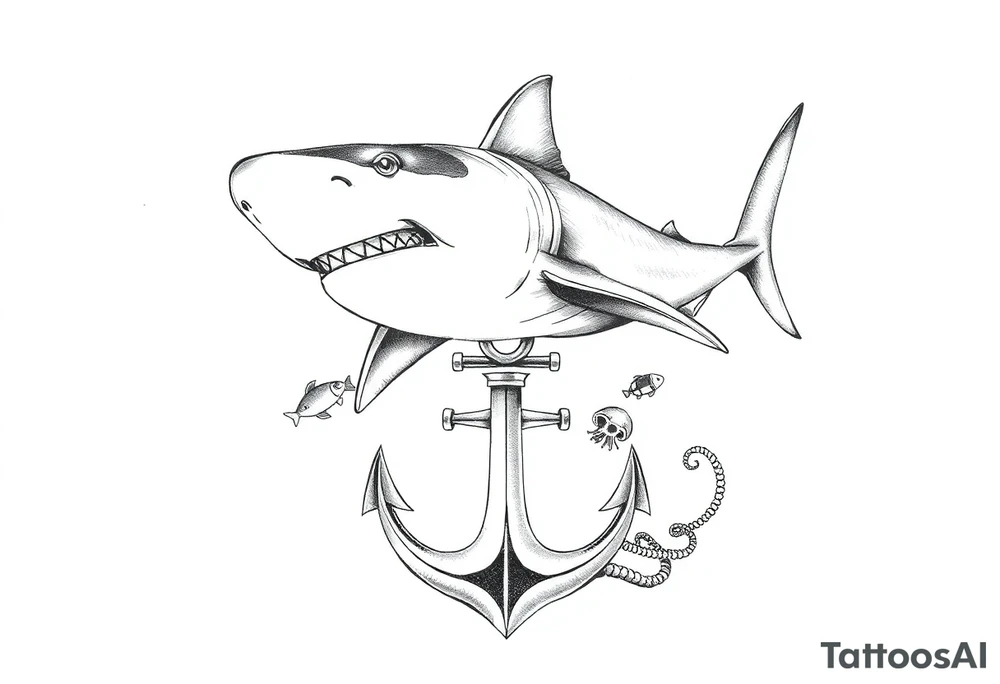a hammerhead shark, under it an anchor,fishes,jellyfisches,octopus. tattoo idea