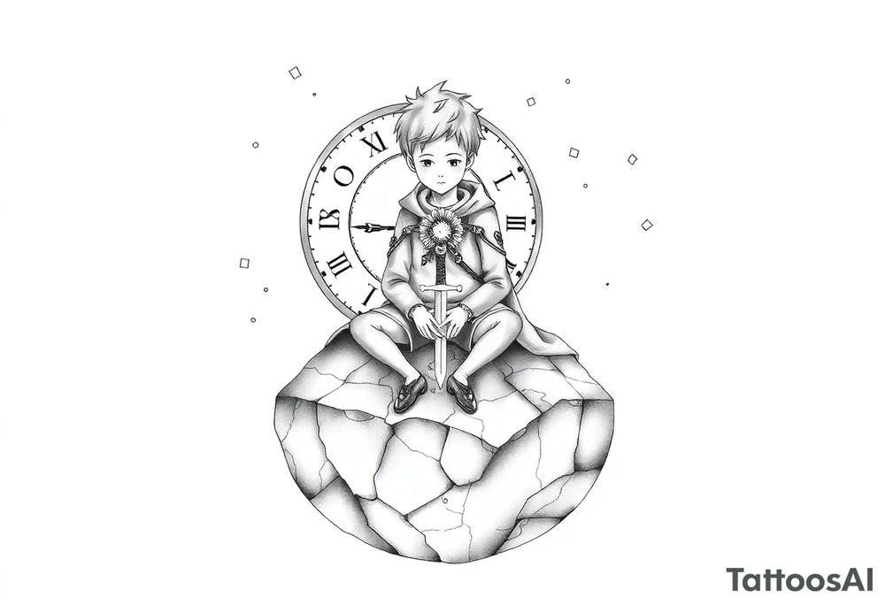 A reimagined masculine version of The Little Prince sitting on a cracked, floating planet. He has a calm, contemplative expression, wearing a slightly worn cloak with geometric markings. Behind him floats a broken clock with exposed gears, representing anxiety and overthinking. Instead of a rose, a flower wraps around a sword stuck into the ground—symbolizing love and emotional struggle. A glowing star burns in his chest, symbolizing inner strength and controlled passion. Around him are small floating fragments, like puzzle pieces or mechanical parts—representing deep thought and attention to detail. The sky shows incomplete constellations, symbolizing the search for connection and meaning. Style: fine line with surrealist touches, black and grey, minimalist shading. tattoo idea