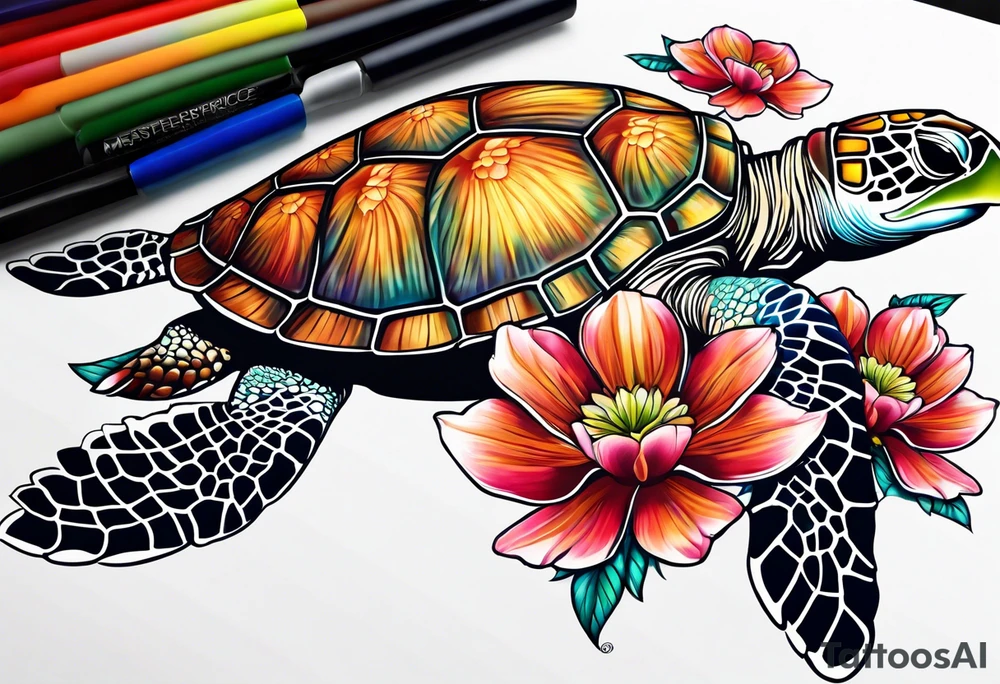 sea turtle, flower tattoo idea