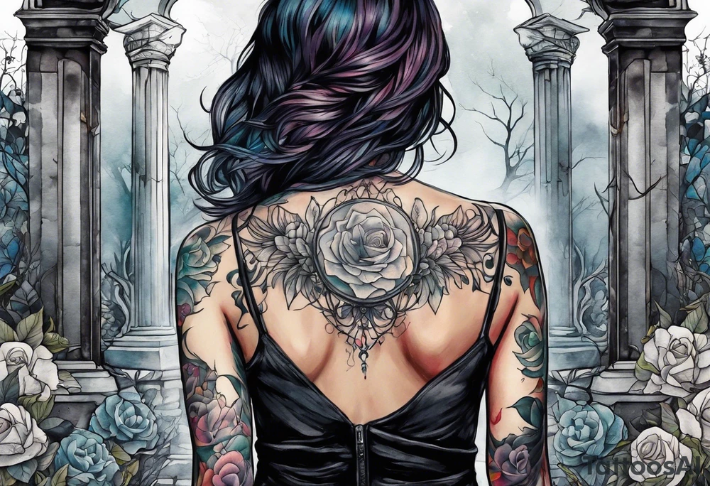 Woman walking out of a graveyard  leaving her old terrifying past behind her ethereal and mysterious tattoo idea