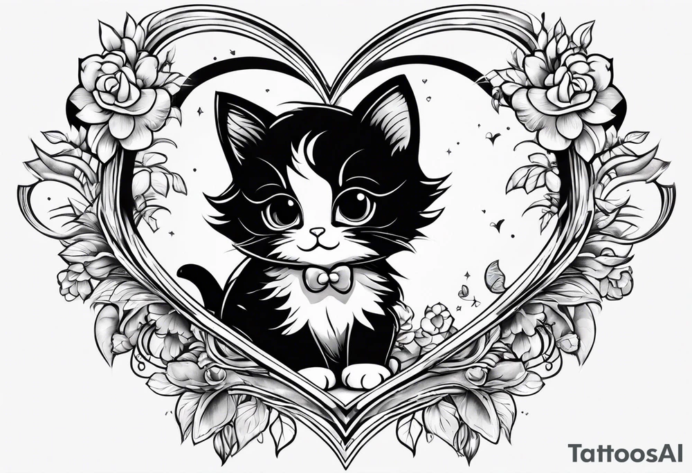 Cute kitten jumping over a heart full body tattoo idea