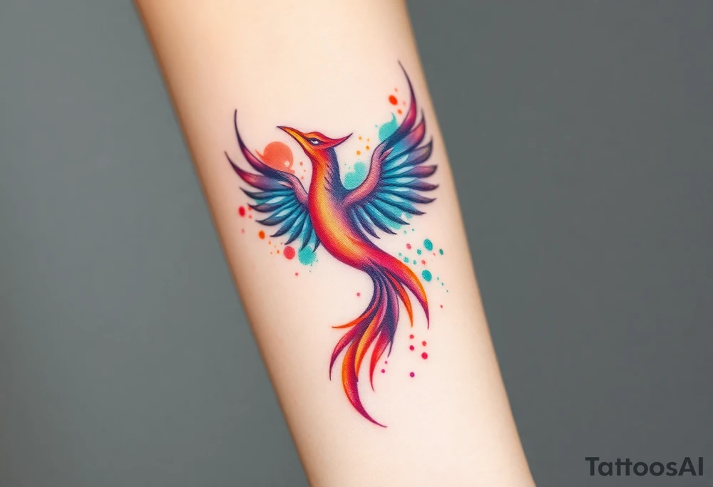 Phoenix in fire with purple, blue, orange, teal and green splashes, looking up tattoo idea