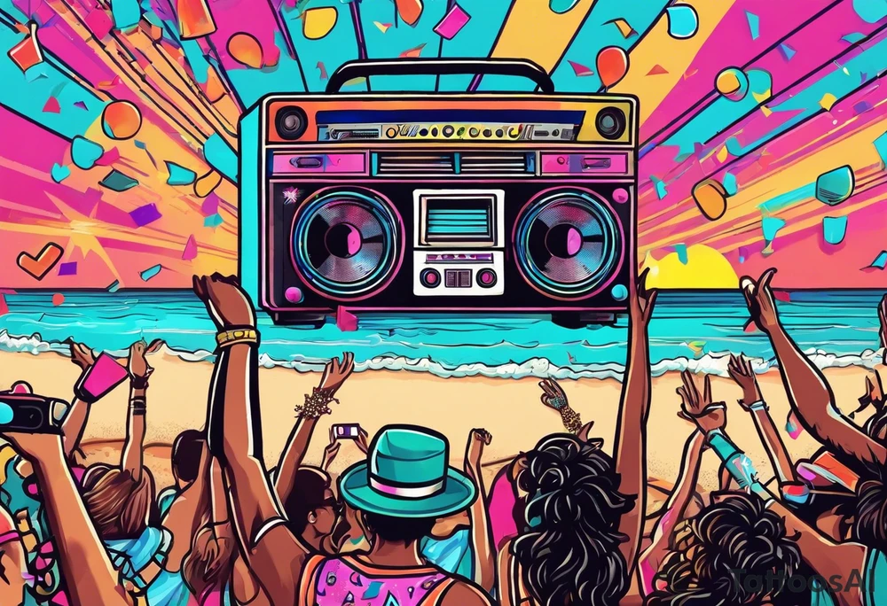 1980's style dance party with boom box and confetti in a beach theme. include people in 80's miami beach clothes, music note. tattoo idea