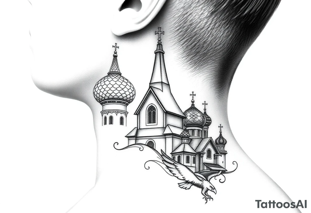 Flowing Scene

A onion domes orthodox church
Virgin Mary in prayer pose wrapping around the lower neck curve
A small double headed russian coat of arms eagle or just the star tucked above the dome near the hairline tattoo idea