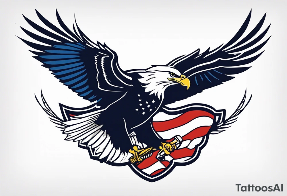 American eagle flying while holding American flag in beak and holding anchor in talons tattoo idea