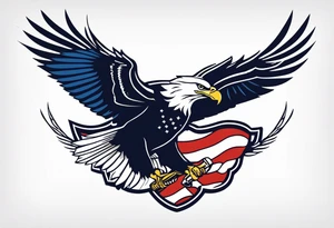 American eagle flying while holding American flag in beak and holding anchor in talons tattoo idea