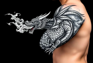 fierce dragon breathing iridescent fire against stormy skies tattoo idea