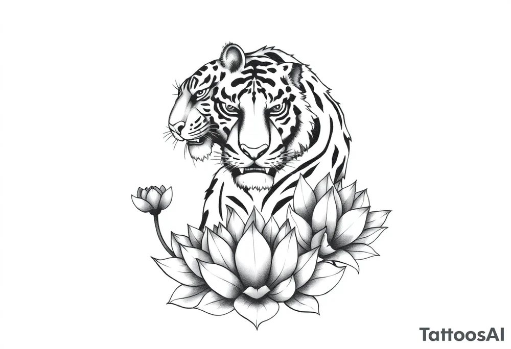 fierce tiger emerging through blooming lotus flowers in mist tattoo idea