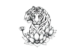 fierce tiger emerging through blooming lotus flowers in mist tattoo idea