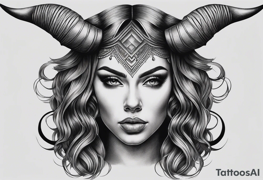 symmetrical woman head with curved horns facing downwards dark realism looking front facing view, ultra-detailed, high quality, high sharpness, hyper-realism, hyper-photorealistic, hyper-realistic tattoo idea