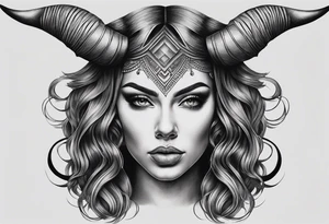 symmetrical woman head with curved horns facing downwards dark realism looking front facing view, ultra-detailed, high quality, high sharpness, hyper-realism, hyper-photorealistic, hyper-realistic tattoo idea