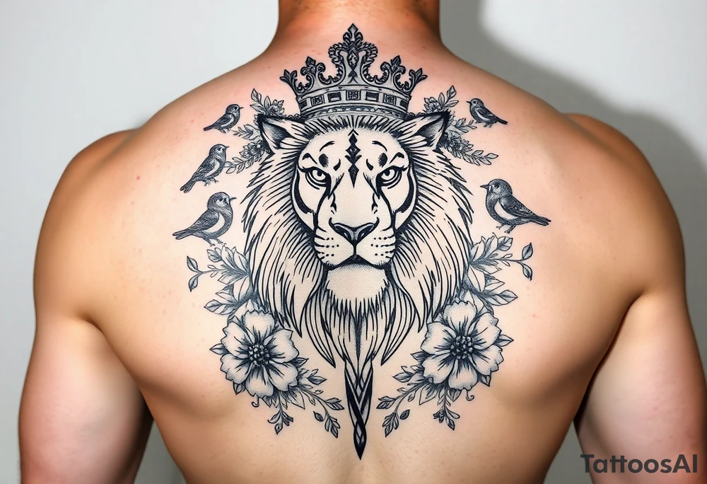 powerful majestic lion with a crown, surrounded by floral ornaments and birds tattoo idea