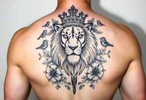 powerful majestic lion with a crown, surrounded by floral ornaments and birds tattoo idea