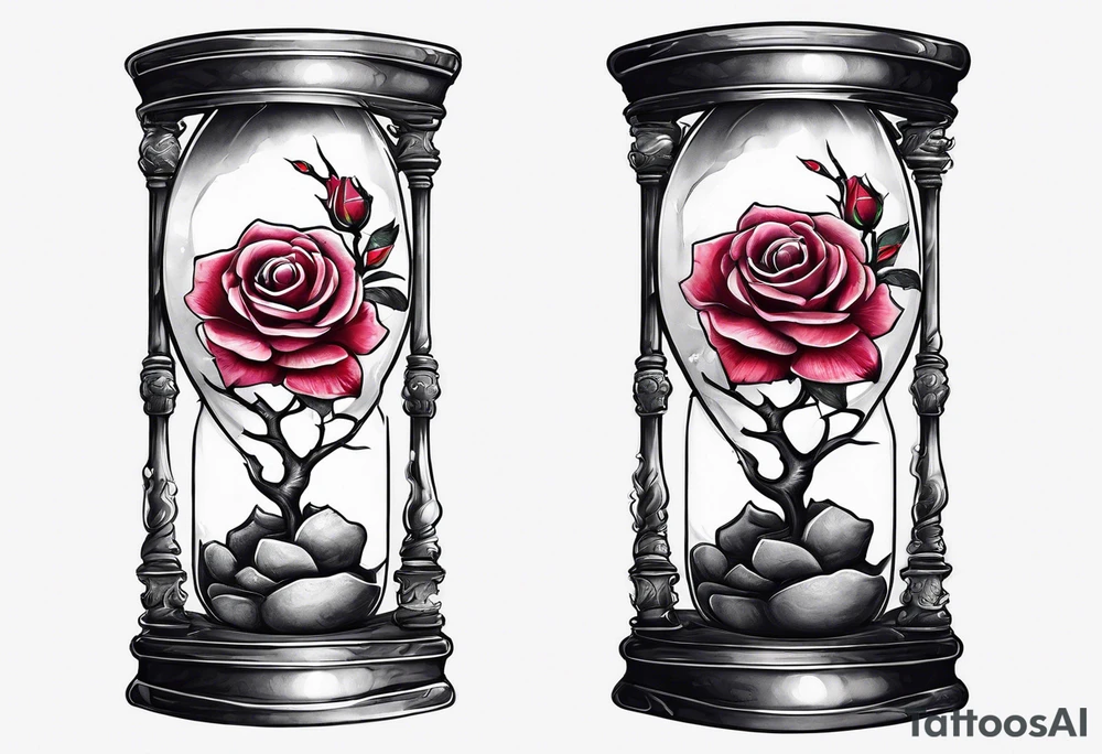 Rose on hourglass with sakura tree inside tattoo idea