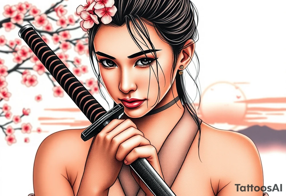 Beautiful female samurai holding a sword . Zoomed up on her face. Cherry blossoms and sunset in the background. tattoo idea
